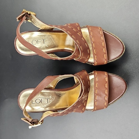Loft Brown Leather Platform Heels Strappy Sandals Size 6 Espadrille Rope Detail - Picture 5 of 15